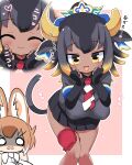  2girls animal_ears black_hair bow bowtie brown_hair cow_ears cow_girl cow_tail dhole_(kemono_friends) elbow_gloves extra_ears fingerless_gloves gloves goshingyu-sama_(kemono_friends) hair_ornament highres jacket kemono_friends lets0020 long_hair looking_at_viewer multicolored_hair multiple_girls necktie shirt short_hair simple_background skirt sleeveless sleeveless_shirt tail translation_request yellow_eyes 