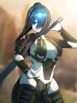  1girl animification black_footwear black_hair black_panties blue_eyes boots breasts cleavage floating_hair gauntlets glowing hair_bun hair_intakes highres holding holding_sword holding_weapon large_breasts lens_flare panties personification revealing_clothes ronin_(titanfall_2) single_hair_bun solo sword thigh_boots titanfall_(series) titanfall_2 underwear weapon whopper28 