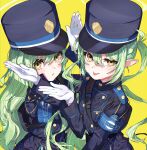  2girls black_hat black_jacket blue_archive blush closed_mouth gloves green_hair green_halo hair_between_eyes halo hanozuku hat highlander_sidelocks_conductor_(blue_archive) highlander_twintails_conductor_(blue_archive) highres jacket long_hair long_sleeves looking_at_viewer multiple_girls parted_lips peaked_cap pointy_ears revision sidelocks simple_background smile tongue tongue_out twintails white_gloves yellow_background yellow_eyes 