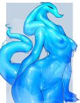  anthro areola blue_body breasts curvy_figure dripping female genitals goo_creature hi_res looking_at_viewer nipples non-mammal_breasts nude onm11 pussy simple_background slim slime smile solo standing tail thick_thighs 