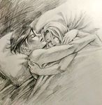  1girl bad_id bad_pixiv_id bed blanket closed_eyes graphite_(medium) greyscale hug jojo_no_kimyou_na_bouken kishibe_rohan monochrome rin2010 sleeping sugimoto_reimi traditional_media undercut 