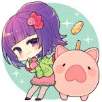  1girl avocado_academy_school_uniform bad_id bad_pixiv_id blunt_bangs chibi closed_mouth coin flower full_body green_jacket hair_flower hair_ornament hanazono_shuka holding holding_coin idol_time_pripara jacket long_hair long_sleeves looking_at_viewer lowres n_(m_ohkamotoh) piggy_bank pink_flower pink_rose pink_skirt ponytail pretty_series pripara purple_eyes purple_hair rose school_uniform skirt smile solo standing 