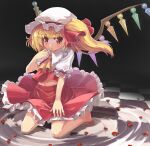  1girl :o absurdres ascot barefoot blonde_hair checkered_floor clothes_lift collared_shirt commentary crystal finger_to_mouth flandre_scarlet frilled_skirt frilled_sleeves frills hair_ribbon hat highres kneeling leaf looking_at_viewer medium_hair medium_skirt midriff_peek mob_cap naox navel one_side_up parted_bangs parted_lips puffy_short_sleeves puffy_sleeves red_eyes red_ribbon red_shirt red_skirt ribbon shirt shirt_lift short_sleeves skirt skirt_set skirt_tug solo touhou two-tone_shirt wading water wet_floor white_hat white_shirt wind wind_lift wings yellow_ascot 