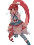  1girl :d blue_footwear blue_thighhighs boots drawn_wings dress gloves hands_up index_finger_raised kira_(kiratwins) long_hair looking_at_viewer open_mouth ponytail pretty_series pripara puffy_short_sleeves puffy_sleeves red_hair shiratama_mikan short_sleeves sidelocks simple_background smile solo standing standing_on_one_leg thighhighs third-party_source very_long_hair white_background white_dress white_gloves yellow_eyes 