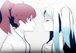  2girls angela_(project_moon) blue_hair brown_hair carmen_(project_moon) closed_eyes closed_mouth face-to-face high_ponytail lobotomy_corporation long_hair madotsuki_ren multiple_girls one_side_up partially_colored project_moon red_eyes smile upper_body very_long_hair 