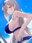  1girl absurdres blue_sky breasts cloud cloudy_sky day dutch_angle from_behind grey_eyes grey_hair hair_ornament highres hololive hololive_indonesia large_breasts long_hair looking_at_viewer looking_back outdoors pavolia_reine sideboob sky snackbar_(rimartwork) solo virtual_youtuber 