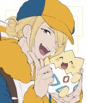  1boy :d blonde_hair blue_jumpsuit commentary_request grey_eyes hair_bun hair_over_one_eye hands_up happy hat highres holding holding_pokemon jumpsuit long_sleeves male_focus mocollie open_mouth pokemon pokemon_(creature) pokemon_legends:_arceus smile teeth togepi tongue upper_teeth_only volo_(pokemon) white_background yellow_hat 