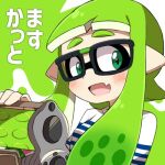  dynamo_roller_(splatoon) eromame fang glasses green_eyes green_hair hat holding ink inkling inkling_girl inkling_player_character lowres pointy_ears shirt splatoon_(series) splatoon_1 t-shirt tentacle_hair wristband 