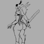 ambiguous_gender anthro antlers big_butt bovid butt caprine clothed clothing digital_media_(artwork) female fur girlpenisworld goat hair hi_res horn jackalope lagomorph leporid looking_at_viewer looking_back mammal monochrome pseudoregalia rabbit rear_view solo sybil_(pseudoregalia) thick_thighs topwear