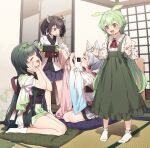  4girls absurdres ahoge animal_ear_fluff animal_ears black_hair blue_skirt blush closed_eyes collared_shirt cushion fox_ears green_hair green_hairband green_kimono green_skirt grey_hair hairband handheld_game_console headgear high-waist_skirt highres holding holding_handheld_game_console indoors japanese_clothes kimono long_hair long_sleeves multiple_girls muneate nintendo_switch open_mouth pleated_skirt red_eyes shirt short_hair shouji siblings sisters sitting skirt sliding_doors smile socks standing tatami touhoku_itako touhoku_kiritan touhoku_zunko two_side_up voiceroid voicevox white_kimono white_shirt white_socks yellow_eyes yukie_(kusaka_shi) zabuton zundamon 