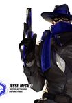  absurdres alternate_costume chino1048 cowboy_hat domino_mask gun handgun hat highres looking_at_viewer male_focus mask mccree_(overwatch) mystery_man_mccree overwatch revolver scarf solo upper_body weapon 