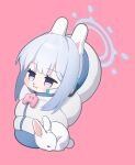  1girl animal animal_ears blue_archive blue_halo blush cheenack chibi closed_mouth earpiece fake_animal_ears grey_hair halo highres long_hair miyako_(blue_archive) pink_background purple_eyes rabbit rabbit_ears simple_background solo 