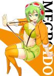  1girl :d ascot breasts cleavage earphones full_body goggles goggles_on_head green_eyes green_hair green_shorts gumi highres kakone looking_at_viewer navel open_mouth orange_background orange_thighhighs orange_vest red_goggles short_hair shorts smile solo thighhighs two-tone_background vest vocaloid white_ascot white_background 