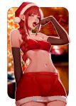  1girl arm_at_side artist_name bandeau black_gloves blunt_bangs blurry blurry_background braid breasts bright_pupils chainsaw_man christmas christmas_present christmas_tree covered_nipples cowboy_shot elbow_gloves finger_to_tongue fur-trimmed_shorts fur_trim gift gloves hat highres impossible_clothes inhoso instagram_logo long_hair looking_at_viewer looking_down makima_(chainsaw_man) midriff navel no_bra open_mouth orange_eyes patreon_logo red_bandeau red_hair red_hat red_lips red_shorts ringed_eyes santa_hat short_shorts shorts sidelocks single_braid small_breasts solo teeth tongue tongue_out twitter_logo upper_teeth_only white_background white_pupils 