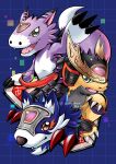  absurdres armor blue_background blue_fur digimon_seekers dog dorumon fangs forehead_jewel green_eyes helmet highres loogamon purple_fur purple_tail red_eyes ryudamon sharp_teeth shingetsu_(doru0222) shoulder_armor teeth trait_connection twitter_username upper_body yellow_eyes yellow_fur 