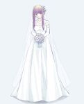  1girl banana_(8771207) blunt_bangs bouquet commentary_request dress elbow_gloves fern_(sousou_no_frieren) flower gloves hair_flower hair_ornament highres jewelry looking_at_viewer lotus necklace purple_eyes purple_hair rose sidelocks solo sousou_no_frieren vest wedding_dress white_background white_dress white_flower white_rose white_theme white_vest 