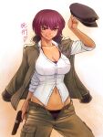  1girl breasts brown_jacket brown_pants closed_mouth collarbone commentary_request groin highres jacket kakone large_breasts looking_at_viewer mature_female military_uniform navel original pants purple_eyes purple_hair shirt short_hair short_sleeves smile solo tan translation_request uniform unworn_headwear white_shirt 