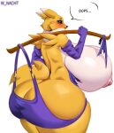  anthro bandai_namco big_breasts big_butt black_sclera blue_eyes breasts butt canid canine clothing digimon digimon_(species) female fur hi_res huge_breasts huge_butt looking_at_viewer looking_back mammal nipples rear_view renamon simple_background solo tail white_body white_fur winter_nacht yellow_body yellow_fur 