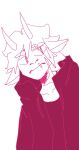 anthro baphomet_(tiredlycrooked) bovid caprine clothing colored_line_art goat hoodie humanoid male mammal neck_scar red_eyes scar_on_face solo split_eyebrow standing tiredlycrooked topwear