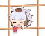  1girl :d animal_ears blush_stickers bow brown_hat chibi closed_eyes ear_bow ear_covers facing_viewer gold_ship_(umamusume) gomashio_(goma_feet) grey_hair hat horse_ears jacket long_sleeves mini_hat mini_person minigirl purple_bow red_jacket screen_door sleeves_past_wrists smile solo through_door thumbs_up track_jacket umamusume 