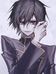  1boy ashford_academy_school_uniform black_hair code_geass commentary_request grey_background hair_between_eyes hand_up konokami_harai lelouch_vi_britannia long_sleeves looking_at_viewer male_focus mismatched_pupils pale_skin purple_eyes school_uniform short_hair smirk solo upper_body 