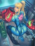  armor_removed artstation_sample ass blonde_hair blue_eyes bodysuit breasts chuck_pires claws corruption from_behind image_sample large_breasts lips looking_at_viewer metroid metroid_prime_3:_corruption samus_aran sitting solo symbiote varia_suit wariza zero_suit 