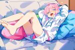  1boy barefoot blue_eyes commentary_request couch drooling heterochromia highres hood hood_down hoodie indoors long_sleeves male_focus mouth_drool on_couch open_mouth original pink_eyes pink_hair raito-kun_(uenomigi) shorts solo two-sided_fabric two-sided_hoodie two-sided_shorts uenomigi white_hoodie white_shorts yawning 