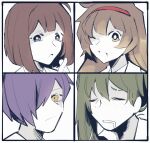  2boys 2girls blue_eyes blush brown_eyes brown_hair closed_eyes drooling green_hair hair_over_one_eye highres hod_(project_moon) library_of_ruina long_hair madotsuki_ren malkuth_(project_moon) multiple_boys multiple_girls netzach_(project_moon) one_eye_closed open_mouth portrait project_moon purple_hair short_hair smile split_screen very_long_hair yesod_(project_moon) 