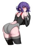  1girl absurdres ass black_gloves black_thighhighs blush breasts character_request closed_mouth competition_swimsuit copyright_request cropped_legs elbow_gloves enmimontoria gloves highres leaning_forward looking_at_viewer looking_back one-piece_swimsuit purple_eyes purple_hair short_hair solo swimsuit thighhighs 