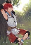  1boy adol_christin against_tree arms_up belt blush brown_belt closed_eyes commentary_request crossed_ankles full_body hair_between_eyes happy happy_birthday jewelry kiruri_(mimosayoshi) light_particles male_focus on_grass outdoors pendant red_shorts short_hair shorts sitting sleeveless smile solo stretching sunlight tree ys 