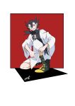  1boy 99akt1031 absurdres black_hair black_scarf blue_eyes character_print gholdengo grimsley_(pokemon) hair_between_eyes highres japanese_clothes kimono knees looking_at_viewer male_focus on_one_knee pointing pointy_hair pokemon pokemon_sm red_background scarf shoes smile socks solo twitter_username white_kimono 