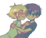  2boys ^_^ aged_down antenna_hair basil_(faraway)_(omori) basil_(omori) black_eyes black_hair black_shirt blonde_hair bright_pupils child closed_eyes closed_mouth dutch_angle hug leaning_on_person lilac_aesthetic looking_at_another male_focus multiple_boys omori open_mouth shirt short_hair simple_background smile sunny_(omori) teeth upper_body upper_teeth_only white_background white_pupils white_shirt 