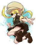  1girl blonde_hair boots clenched_hand eisu_(eith) eyepatch flower hair_flower hair_ornament highres jumping large_hat pleated_skirt simple_background skirt swept_bangs twintails unmei_no_makimodoshi upskirt white_background yellow_eyes 