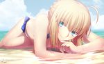  ahoge artist_name artoria_pendragon_(all) bare_arms bare_legs bare_shoulders bikini blonde_hair blue_bow blue_eyes blue_sky blush bow cleavage_cutout closed_mouth cloud day eyebrows eyebrows_visible_through_hair fate/stay_night fate_(series) head_tilt horizon looking_at_viewer lying magicians_(zhkahogigzkh) ocean saber short_hair sky smile solo summer swimsuit water water_drop wet white_bikini 