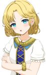  1girl absurdres blonde_hair blue_eyes blush bracelet crossed_arms dress fire_emblem fire_emblem:_mystery_of_the_emblem highres jewelry looking_at_viewer necklace open_mouth patty_ojisan short_hair short_sleeves solo upper_body white_dress yuliya_(fire_emblem) 