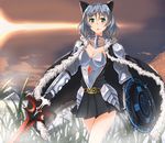  absurdres animal_ears armor breasts cape cat_ears cat_tail cleavage fantasy grass green_eyes highres hiroshi_(hunter-of-kct) lens_flare medium_breasts pleated_skirt sanya_v_litvyak shield short_hair silver_hair skirt snow solo strike_witches sword tail weapon world_witches_series 