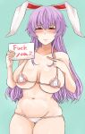  1girl animal_ears areola_slip bikini blush breasts closed_mouth collarbone commentary_request covered_nipples cowboy_shot ears_down english_text highres holding holding_sign large_breasts long_hair looking_at_viewer narrowed_eyes navel pointing profanity purple_hair rabbit_ears red_eyes reisen_udongein_inaba sidelocks sign simple_background smile solo standing swimsuit touhou washiwa white_bikini 
