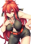  ;p asymmetrical_clothes asymmetrical_legwear blazing_heart_(elsword) breasts cleavage elesis_(elsword) elsword fi-san highres large_breasts leaning_forward long_hair looking_at_viewer one_eye_closed red_eyes red_hair solo tongue tongue_out transparent_background 