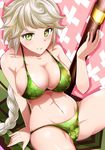  alternate_costume arm_support bare_arms bare_shoulders bikini blush braid breasts cleavage closed_mouth collarbone commentary_request floral_print green_bikini green_eyes kantai_collection large_breasts long_hair looking_at_viewer makumaxu navel print_bikini silver_hair single_braid sitting smile solo stomach swimsuit unryuu_(kantai_collection) very_long_hair wavy_hair 