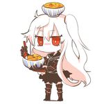  aircraft_carrier_oni bowl chibi elbow_gloves food food_on_head gloves kantai_collection lowres no_mouth no_nose object_on_head oyakodon rebecca_(keinelove) red_eyes shinkaisei-kan side_ponytail skirt solo spoon white_hair 