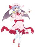  1girl ascot bat_wings commentary dress fang frilled_skirt frills hat hat_ribbon highres holding holding_microphone kakone looking_at_viewer microphone mob_cap one_eye_closed open_mouth pink_dress purple_hair red_ascot red_eyes red_footwear red_ribbon remilia_scarlet ribbon short_hair short_sleeves simple_background skirt solo star_(symbol) touhou white_background wings wrist_cuffs 