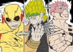  blonde_hair blowing_kiss comic_panel_redraw dc_comics derivative_work dio_brando diobutfemale eobard_thawne extra_eyes green_eyes jojo_no_kimyou_na_bouken jujutsu_kaisen kiss meme muscular muscular_male pink_hair professor_zoom red_eyes reverse_flash ryoumen_sukuna_(jujutsu_kaisen) ryoumen_sukuna_(true_form)_(jujutsu_kaisen) sharp_teeth tattoo teeth tongue tongue_out 