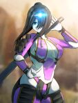  1girl animification black_hair blue_eyes boots breasts cleavage floating_hair gauntlets glowing hair_bun hair_intakes highres holding holding_sword holding_weapon large_breasts lens_flare panties personification purple_footwear purple_panties revealing_clothes ronin_(titanfall_2) single_hair_bun solo sword thigh_boots titanfall_(series) titanfall_2 underwear weapon whopper28 
