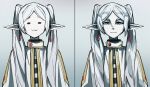  1girl :3 =_= absurdres cape elf expressionless frieren gold_trim grey_background grey_eyes heartbreak_juan highres multiple_views parted_bangs pointy_ears shirt sousou_no_frieren straight-on striped_clothes striped_shirt twintails upper_body white_cape white_hair 