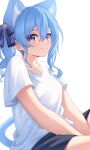  1girl absurdres animal_ear_fluff animal_ears aoi_zerii blue_eyes blue_hair blue_ribbon blush breasts cat_ears cat_girl cat_tail closed_mouth collarbone hair_between_eyes hair_ribbon highres hololive hoshimachi_suisei looking_at_viewer medium_hair ribbon shirt short_sleeves side_ponytail solo star_(symbol) star_in_eye symbol_in_eye tail virtual_youtuber white_shirt 