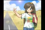  1girl backpack bag blue_sky blush brown_hair cactus hitchhiking kuonji_ukyou ranma_1/2 shirt sky smile solo sun wanta_(futoshi) white_shirt 