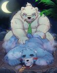  15786kll 2024 anthro bear belly big_belly blue_body bodily_fluids bonasiah detailed_background duo full_attack hi_res kemono leib_(tas) lifewonders male male/male mammal moobs moon musk necktie night outside overweight overweight_male polar_bear sex smoking sophring_jie sweat tokyo_afterschool_summoners ursine white_body 