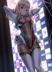  1girl adjusting_hair alice_gear_aegis arms_up bodysuit boots breasts long_hair looking_at_viewer nipples pink_eyes pink_hair sasayuki see-through shrug_(clothing) small_breasts smile solo thigh_boots yotsuya_yumi 