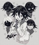  1boy black_hair blush checkered_clothes checkered_scarf commentary_request danganronpa_(series) danganronpa_v3:_killing_harmony evil_smile expressions eyelashes grey_background greyscale hair_between_eyes heart highres inverted_colors long_sleeves looking_at_viewer male_focus monochrome narrowed_eyes oma_kokichi open_mouth outline polka_dot polka_dot_background san_nohe_(mito) scarf short_hair smile straitjacket translation_request upper_body white_outline 