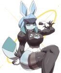 2024 absurd_res anthro anthrofied arm_support big_breasts black_clothing black_legwear black_thigh_highs blue_body blue_eyes blue_sclera blue_skin breasts cleavage cleavage_cutout clothed clothing cosplay crossed_legs crossover crossover_cosplay cutout digital_drawing_(artwork) digital_media_(artwork) eeveelution female flexing flexing_bicep game_freak generation_4_pokemon glaceon hi_res legwear looking_at_viewer mammal multicolored_clothing nier_automata nintendo oreon_smol platinumgames pokemon pokemon_(species) pokemorph portrait simple_background sitting solo tail thick_thighs thigh_highs three-quarter_portrait two_tone_clothing white_background white_clothing wide_hips yorha_2b